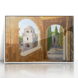 Mid-century modernist art depicting the Rhodes scenery in Greece, framed acrylic with white edges.