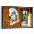 Black and white framed canvas of Rhodes landscape, featuring vintage poster art style, suitable for bedroom decor.