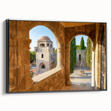 Black and white framed canvas of Rhodes landscape, featuring vintage poster art style, suitable for bedroom decor.