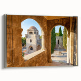 Landscape art painting of Rhodes, Greece, on framed canvas.