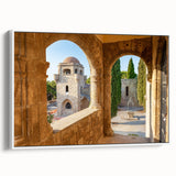 Vintage poster art of Rhodes, Greece in vibrant colors on extra large framed canvas, suitable for living room decor.