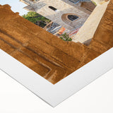 Art deco poster of Rhodes, Greece in muted blue and white tones on rolled canvas, suitable for dining room wall art.