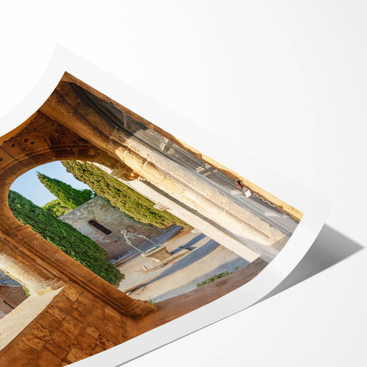 Extra large wall art featuring line art flowers over a scenic Rhodes, Greece backdrop, printed on rolled canvas.