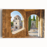 Black and white photo of Rhodes, Greece on stretched canvas, ideal for kitchen wall art or bedroom ambiance.