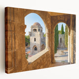 Large art print of Rhodes, Greece scenery on stretched canvas, featuring muted earth tones, ideal for kitchen wall art.
