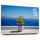 Acrylic print of Santorini scenery in blue and white tones, ideal for bedroom or dining room decor.