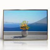 Acrylic print of Santorini scenery with blue and white tones in a gold frame, suited for modern art wall decor.