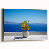 Framed canvas depicting a vintage-style Santorini landscape in black and gold tones, ideal for bedroom wall art.