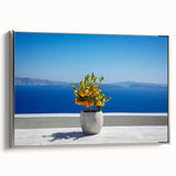Framed canvas landscape art painting of Santorini with vibrant blue and white tones, suitable for living room decor.