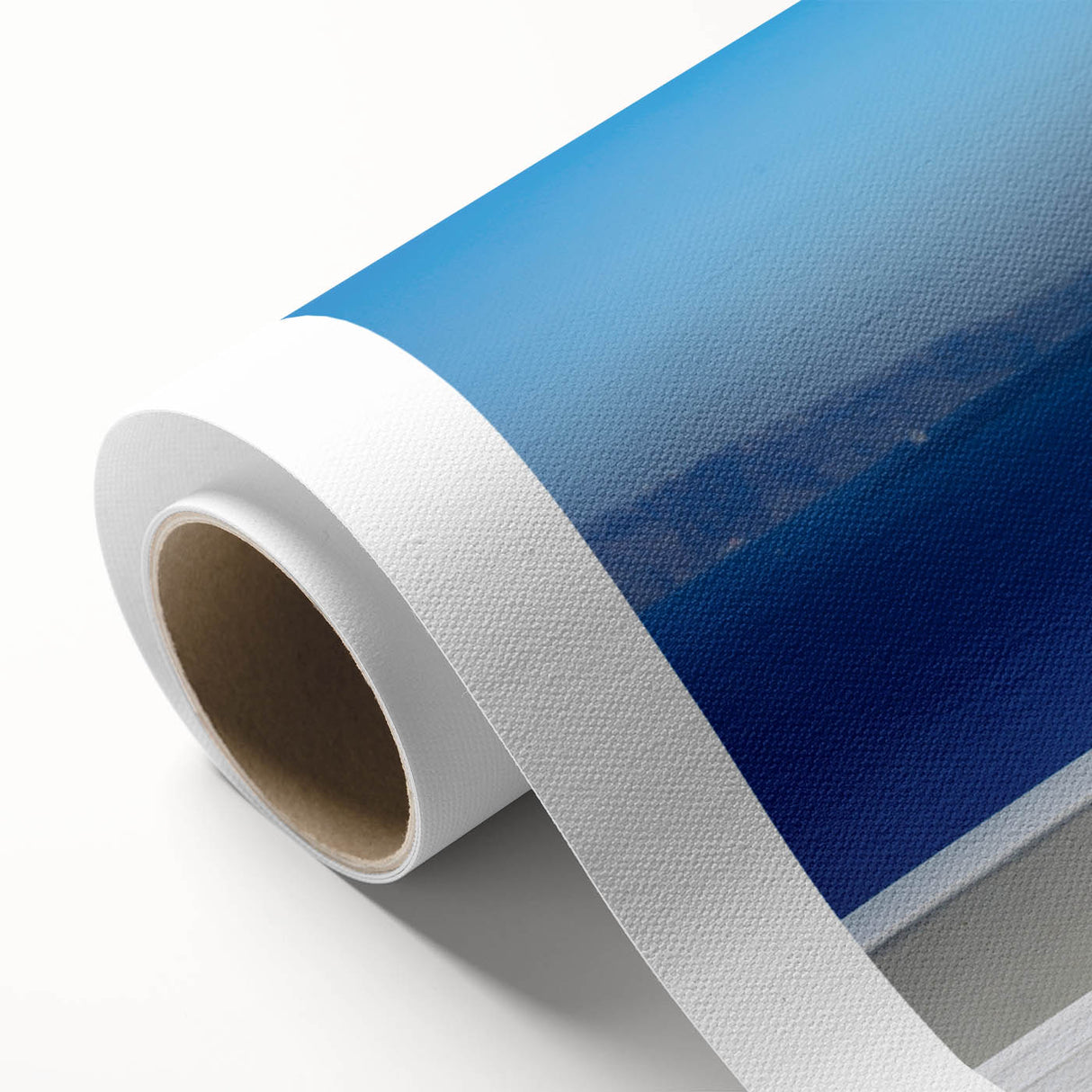 Art deco poster of Santorini with blue and white tones on rolled canvas, suitable for nursery wall art or dining room.