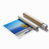 Extra large rolled print depicting Santorini scenery with muted blue and white tones, ideal for classy bathroom wall art.