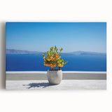 Black and white photo of Santorini on stretched canvas, ideal for kitchen wall art or bedroom ambiance.