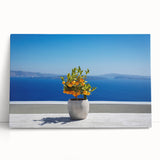 Black and white photo of Santorini on stretched canvas, ideal for kitchen wall art.