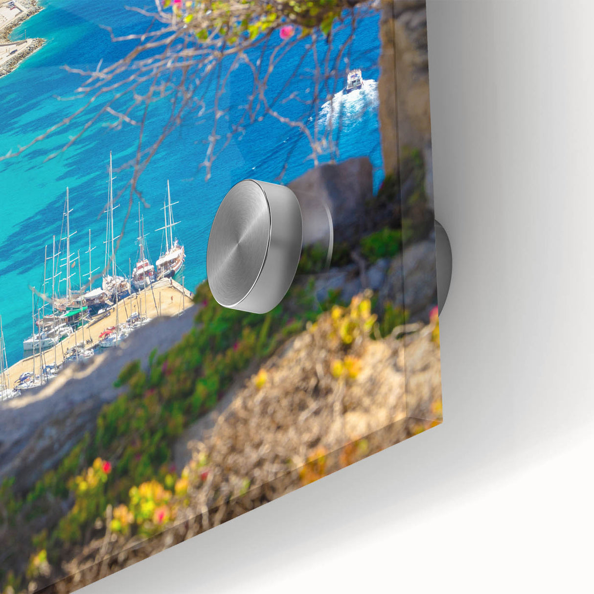 Acrylic print of a large abstract depiction of a European Greek scenery in muted blues and whites, ideal for dining room art.
