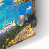 Acrylic print of a large abstract depiction of a European Greek scenery in muted blues and whites, ideal for dining room art.