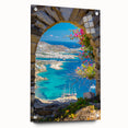 Acrylic glass print of a Greek landscape in soft blue and white tones, suitable for bedroom or dining room decor.
