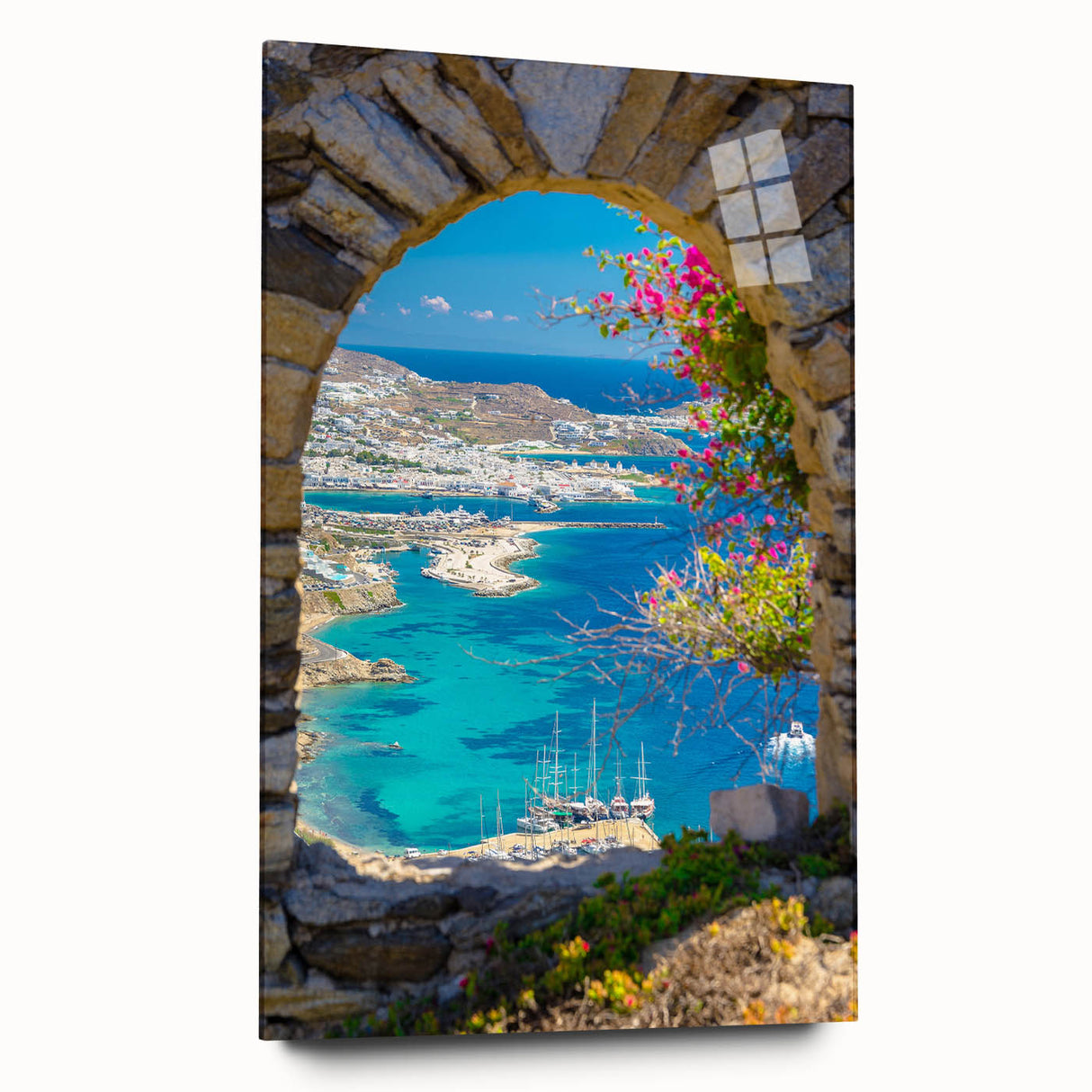 Large abstract wall art of a Greek landscape on acrylic glass, with muted earth tones.