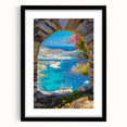 Extra large abstract art print of a colorful, textured European Greek scenery on a black framed canvas.