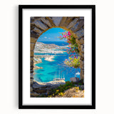 Extra large abstract art print of a colorful, textured European Greek scenery on a black framed canvas.