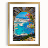 Abstract art print of a European coastline in muted blue and white tones, framed in gold, suitable for dining room decor.