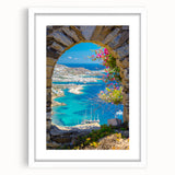 Textured abstract art print depicting a European scenery in Greece, rendered in muted earth tones on a white matted frame.