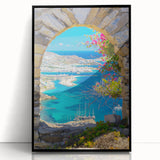 Large abstract wall art depicting a European Greek landscape in muted earth tones, framed in black acrylic.