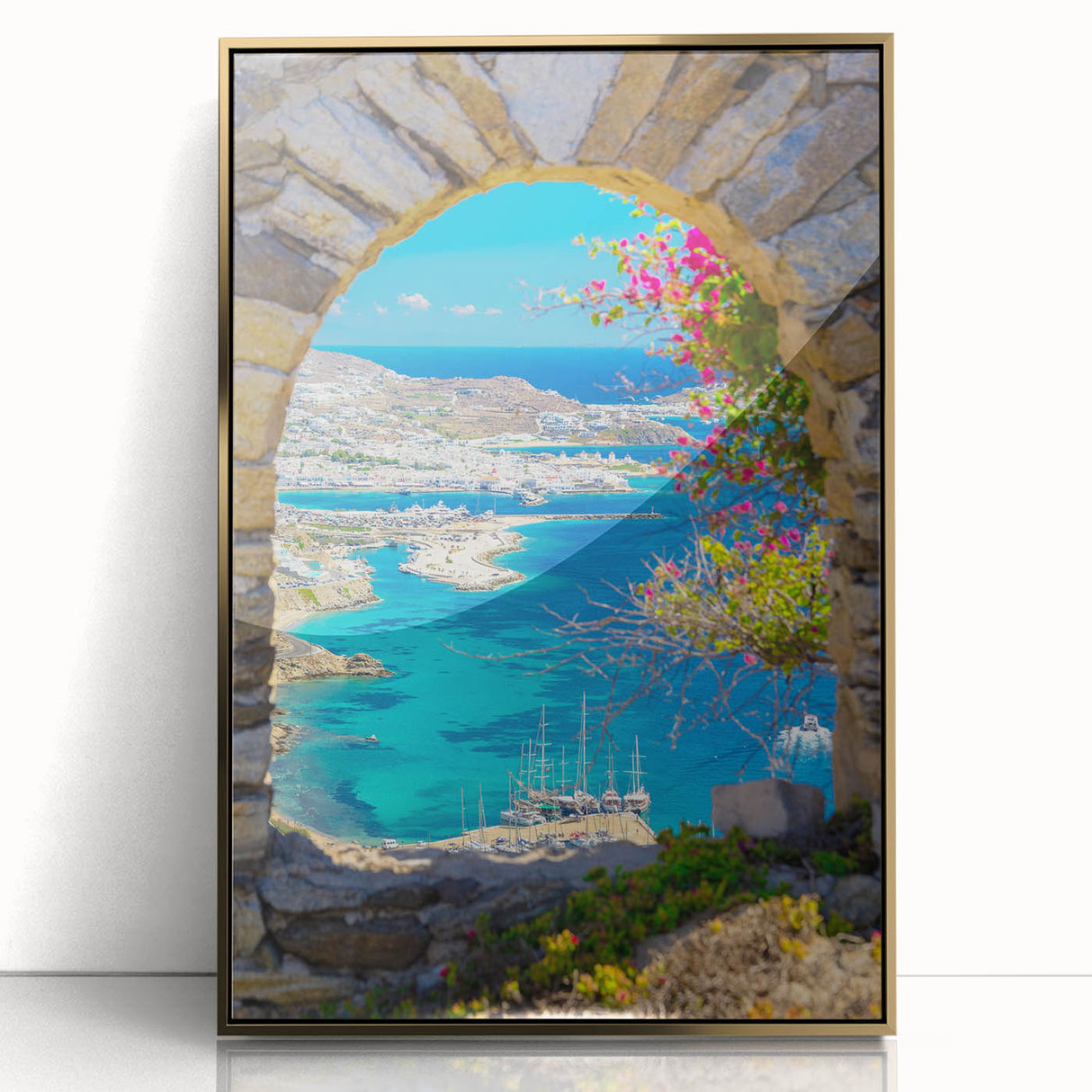Acrylic print of a European Greek scenery with gold frame, in art deco style, suitable for modern art wall decor.