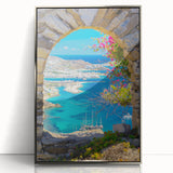 Large acrylic print of a serene Greek landscape, featuring soft blue and white tones, framed in silver.
