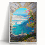 Mid-century modernist art depicting a serene Greek landscape on a white framed acrylic, ideal for nursery wall art.