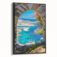 Black and white wall art featuring a vintage poster of a Greek landscape on a framed canvas, suitable for bedroom decor.