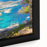 Extra large framed canvas of a textured Greek scenery in black with colorful accents, ideal for living room decor.