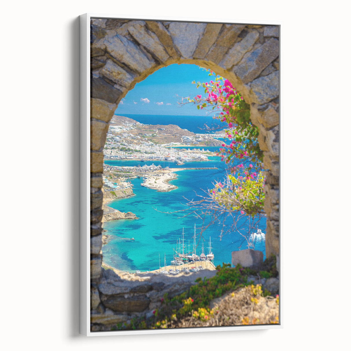 Vintage poster art of a European Greek scenery on extra large framed canvas.