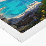 Art Deco-style poster of a European Greek scenery in muted blue tones on rolled canvas, suitable for dining room art wall.