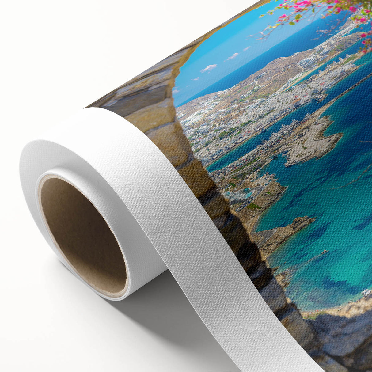 Art deco poster of a European Greece scenery in muted blue tones on rolled canvas, ideal for nursery wall art.