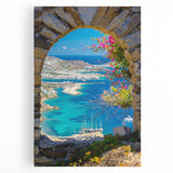 Black and white photograph of a scenic Greek landscape on stretched canvas, ideal for kitchen wall art.