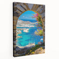 Large art print of a scenic Greek landscape on stretched canvas, featuring bright blue and white tones.