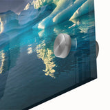 Large abstract wall art of a Greenlandic landscape in muted green hues on acrylic glass, suitable for dining room decor.