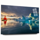 Large abstract wall art depicting a serene Greenland landscape, with cool blue and green tones on acrylic glass.