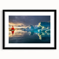 Extra large abstract art print depicting a textured, colorful Greenland landscape on a framed black mat.