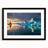 Extra large abstract art print depicting a textured, colorful Greenland landscape on a framed black mat.