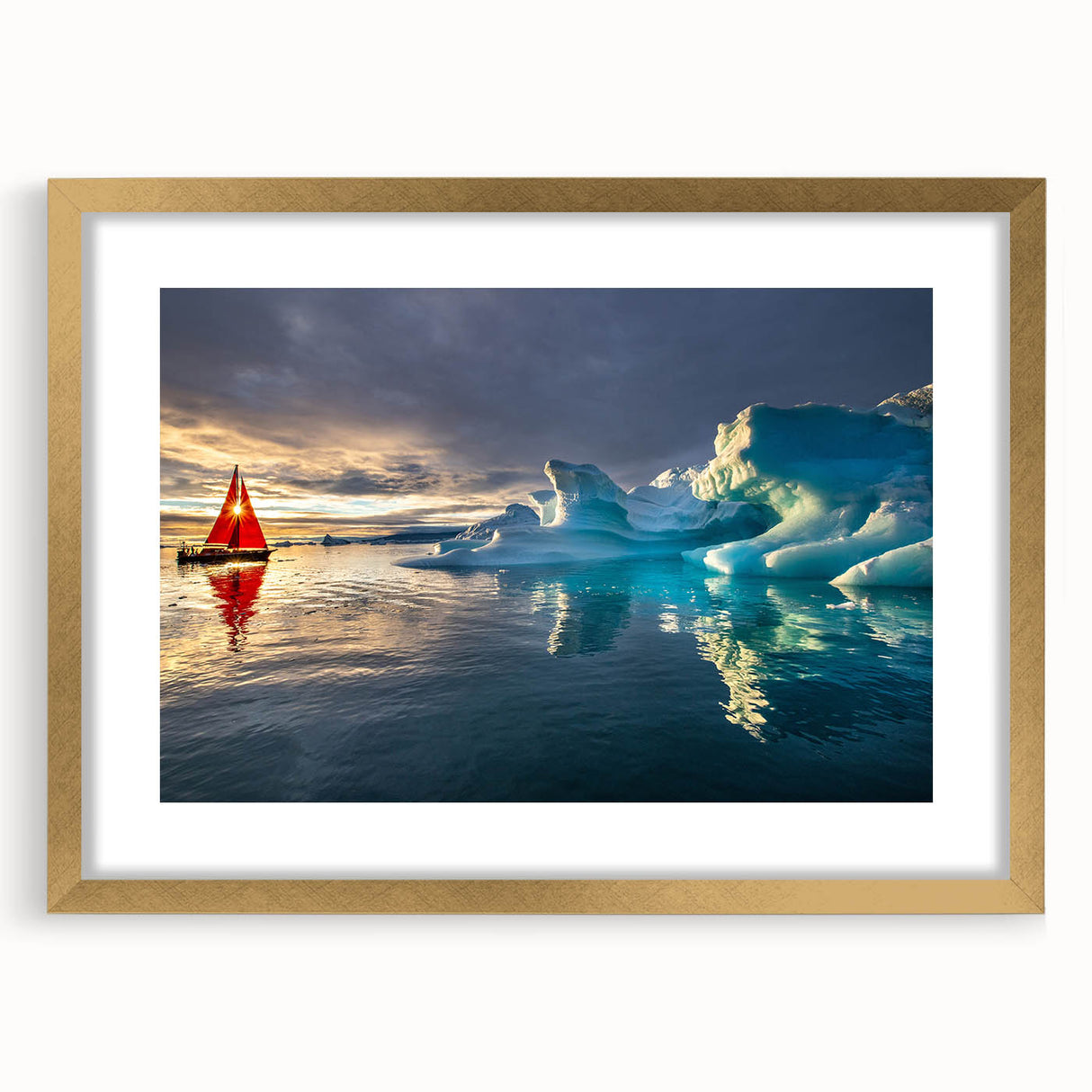 Abstract art print depicting a serene Greenland landscape in muted green and blue tones, framed in gold.