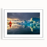 Textured abstract art print depicting a serene Greenland landscape in muted green and blue tones, framed with a white mat.