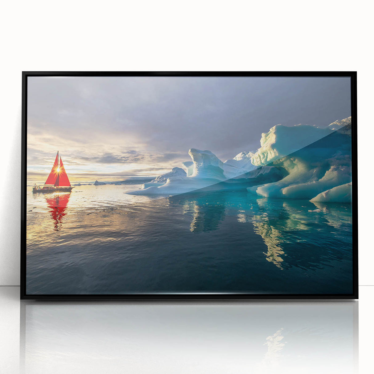 Large abstract wall art depicting a minimalist Greenland scenery in muted green and blue tones, framed in black acrylic.