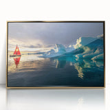 Art Deco-style poster of a Greenland scenery with muted green and gold tones on framed acrylic.