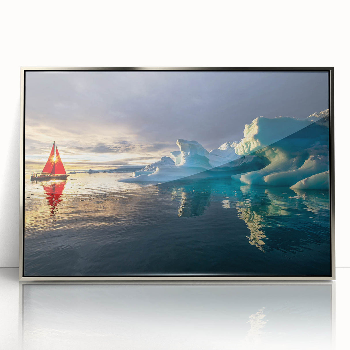 Large art print of a European Greenland scenery in muted green and blue tones on a framed acrylic.