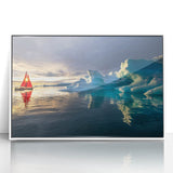 Mid-century modernist art depicting a serene Greenland landscape on a white framed acrylic.