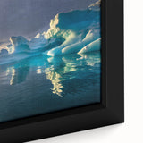 Close-up of a black wall art canvas featuring a textured, colorful Greenland landscape, ideal for living room decor.