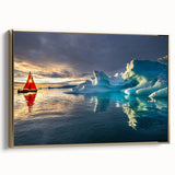 Framed canvas wall art depicting a vintage-style Greenland landscape in muted green and black tones, ideal for bedroom decor.