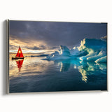 Framed canvas featuring a vintage-style landscape painting of Greenland with muted green and black tones.