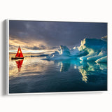 Framed vintage poster art of a Greenland landscape in muted green and blue tones, suitable for living room decor.